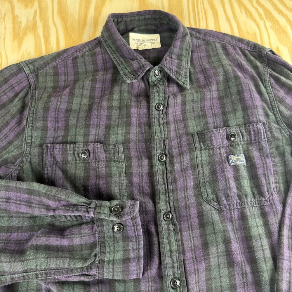 Denim & Supply Ralph Lauren Mens XL Flannel Shirt Purple Green Striped Cotton